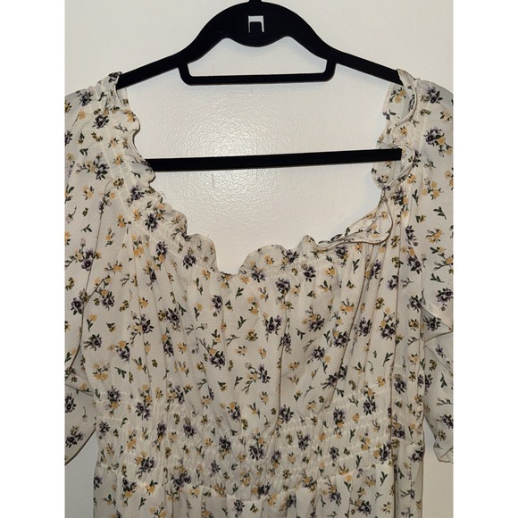 H&M Womens Casual Dress Sz XL White Floral Print Off Shoulder 1/3Balloon Sleeve - Picture 10 of 11